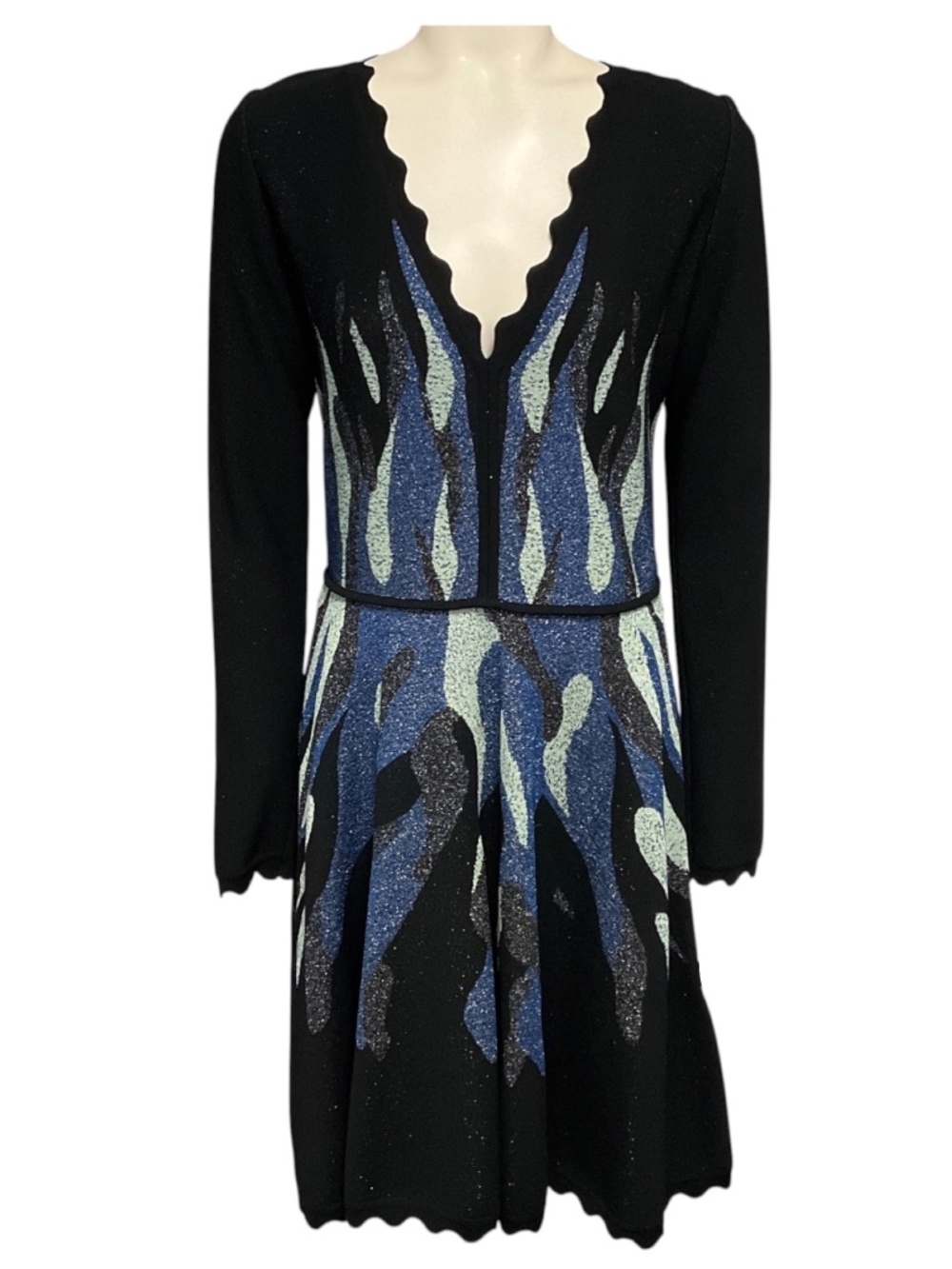 ELIE SAAB BLACK / LIGHT BLUE / BLUE METALLIC KNIT LONG SLEEVED V-NECK FLARED DRE